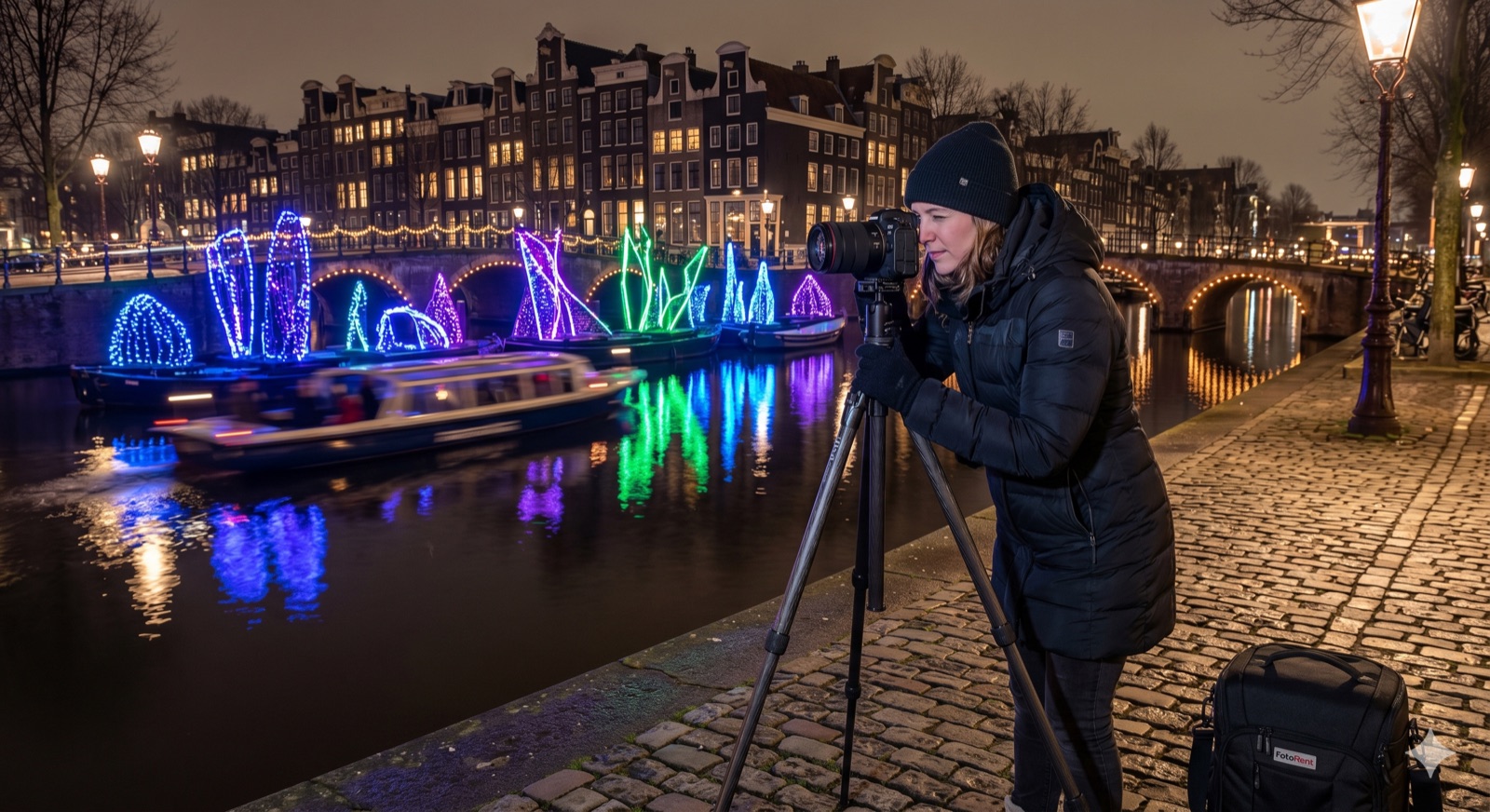 Fotograaf maakt foto's van de Amsterdamse grachten tijdens het Amsterdam Light Festival