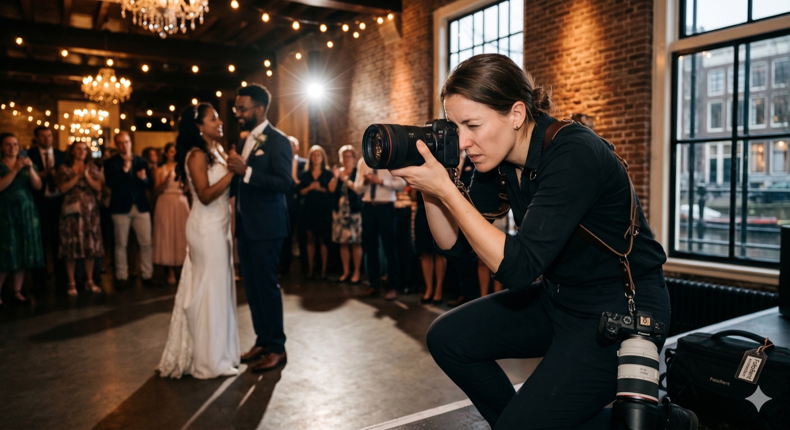 Canon EOS R6 Mark II next to a Canon EOS R8 in the FotoRent showroom — wedding photography camera comparison