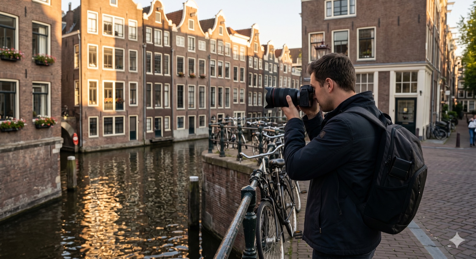 Photographer with a Canon mirrorless camera shooting Amsterdam canal houses at golden hour from a bridge