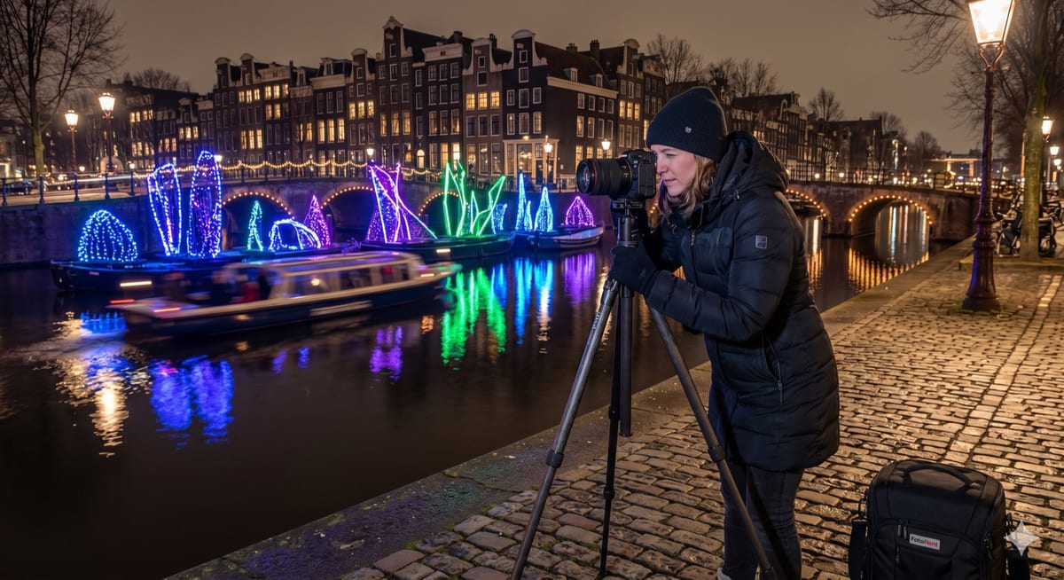 Photographer shooting Amsterdam canal houses at dusk during the Amsterdam Light Festival