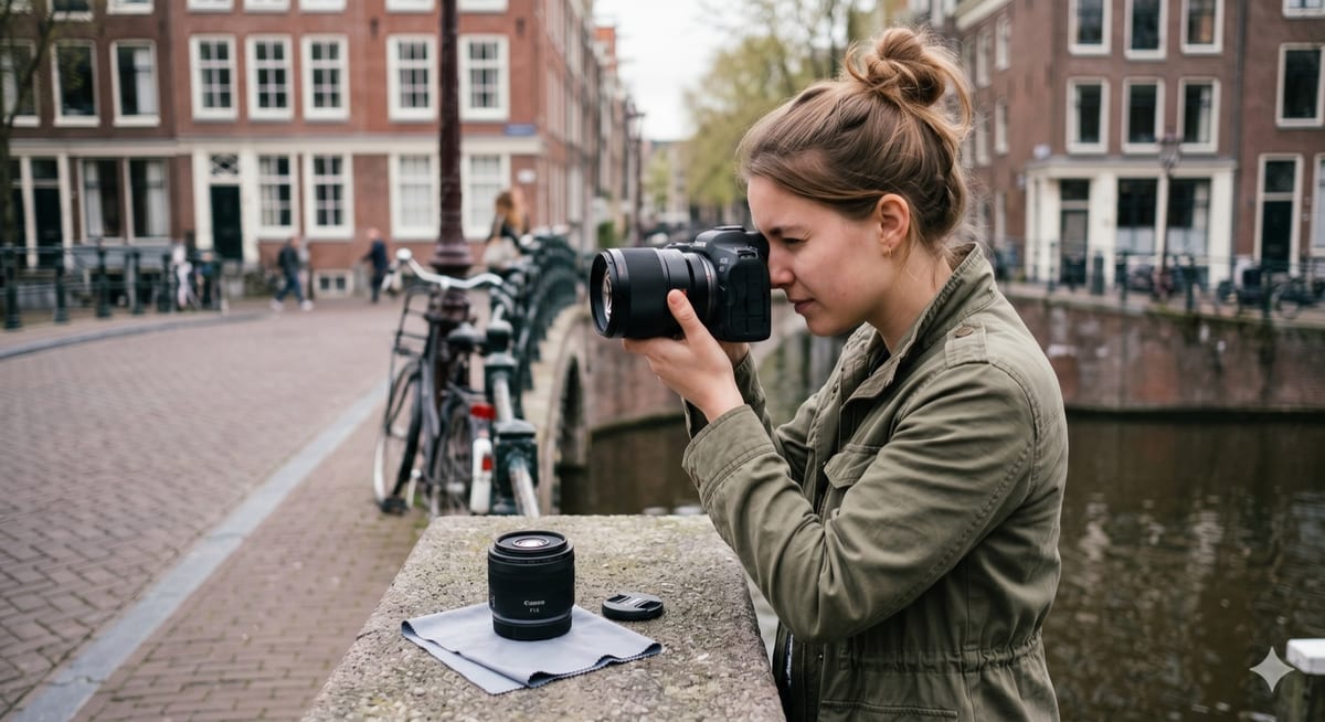 Portretfotograaf met Canon EOS R5 langs een Amsterdamse gracht met extra RF-lens op het muurtje