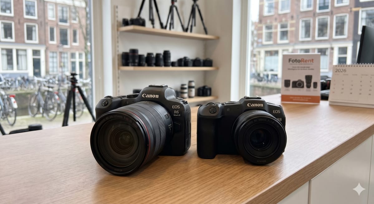 Canon EOS R6 Mark II next to a Canon EOS R8 on a FotoRent Amsterdam counter with gear shelves behind