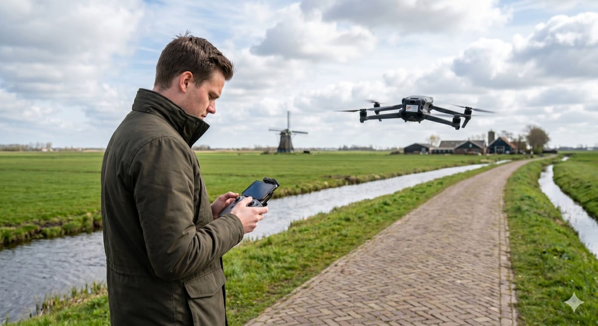 Drone-piloot vliegt een DJI Mavic boven Nederlandse polders met een traditionele windmolen en boerderij
