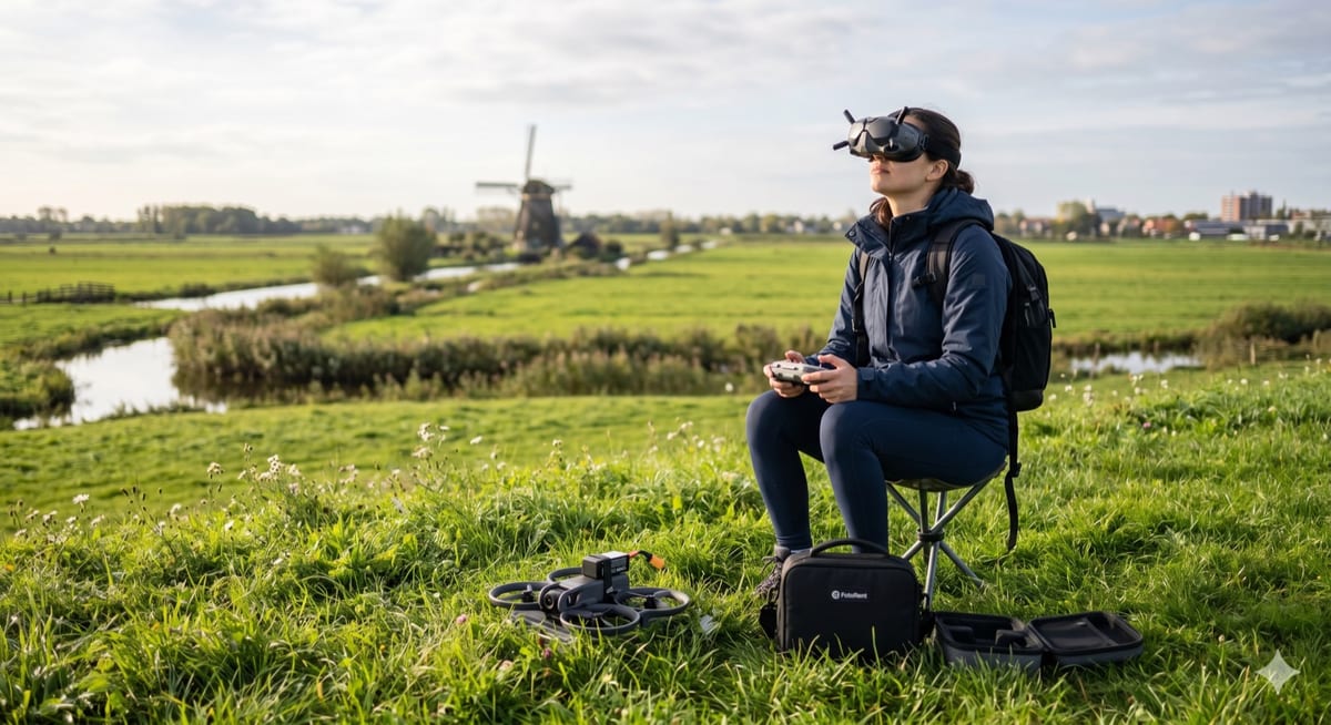 FPV drone pilot wearing DJI goggles flying a DJI Avata 2 in Dutch countryside with a windmill in the background