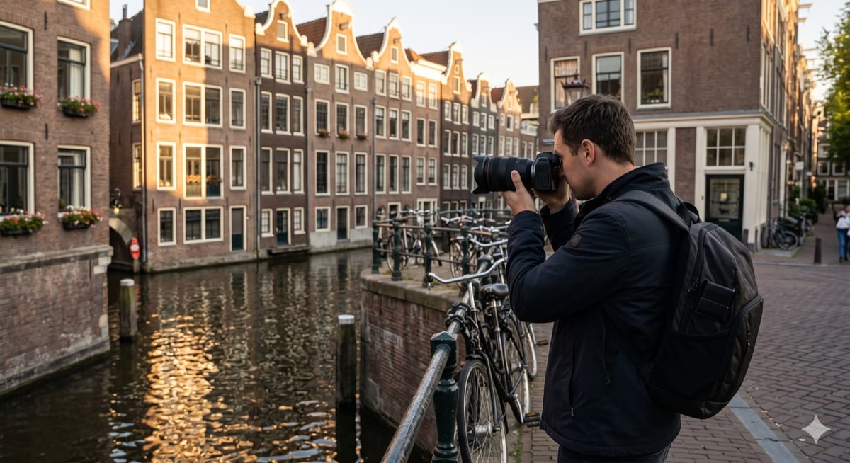 Photographer with a Canon mirrorless camera shooting Amsterdam canal houses at golden hour from a bridge
