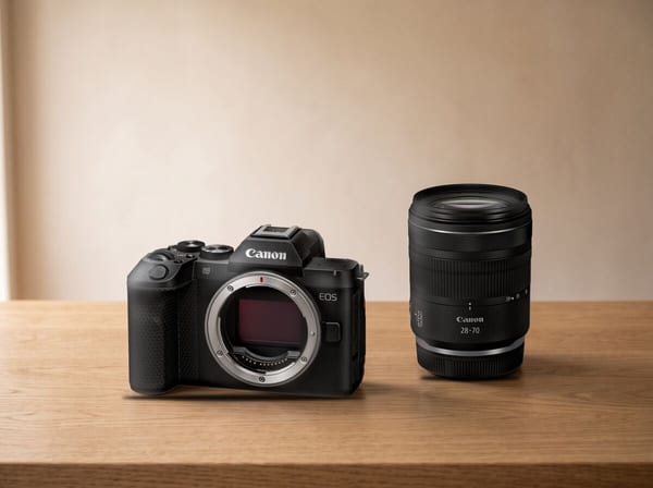 Canon EOS R8 Mark II body next to the RF 28-70mm f/2.8 IS STM lens on an oak counter