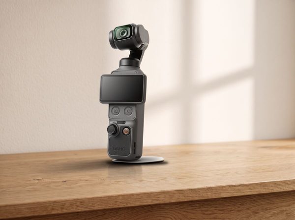 DJI Osmo Pocket-gimbalcamera op statief naast de DJI Mic 3-zender — 2